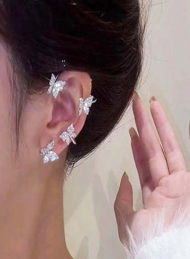 WZNBBOY 2Pcs Sparkly Rhinestone Butterfly Ear Cuff Earrings Fairy Crystal Cuffs Climber Wrap Around Non-Piercing Clip Fake Jewelry for Women(Butterfly-Silver) - Image 2